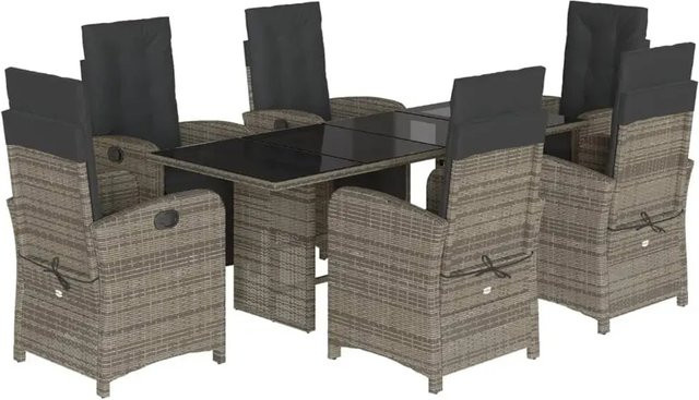 vidaXL 7-teilige Garten-Essgruppe aus Poly-Rattan mit Kissen in Grau und Tisch mit Hartglasoberfläche - Bild 1