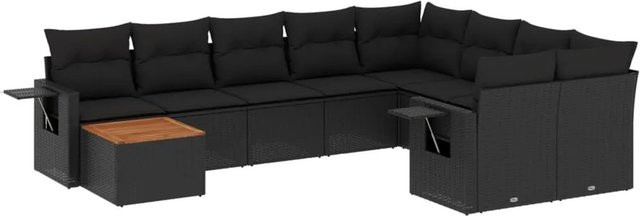 vidaXL 10-tlg. Garten-Sofagarnitur in L-Form aus Polyrattan und Akazienholz mit Kissen, Schwarz - Bild 1