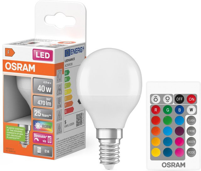 Osram LED Retrofit RGBW Lampe in P-Form mit Fernbedienung, dimmbar, matt, 4,9 W, 470 lm, Warmweiß 2700 K - Bild 1