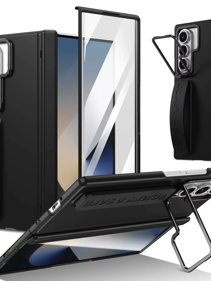 Stoßfeste Schutzhülle für Samsung Galaxy Z Fold 7 6 5 mit Scharnier-Schutz, Objektiv-Halter und Glasfolie für das äußere Display in Schwarz - Bild 3