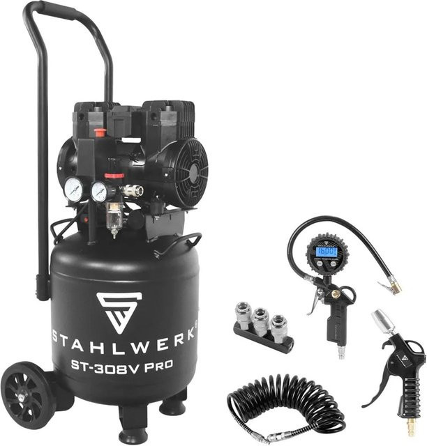 STAHLWERK Kompressor Set in Schwarz mit 8 bar Druck und 30 l Fassungsvermögen inklusive Reifenfüller, Schlauch, Pistole und Verteiler - Bild 1