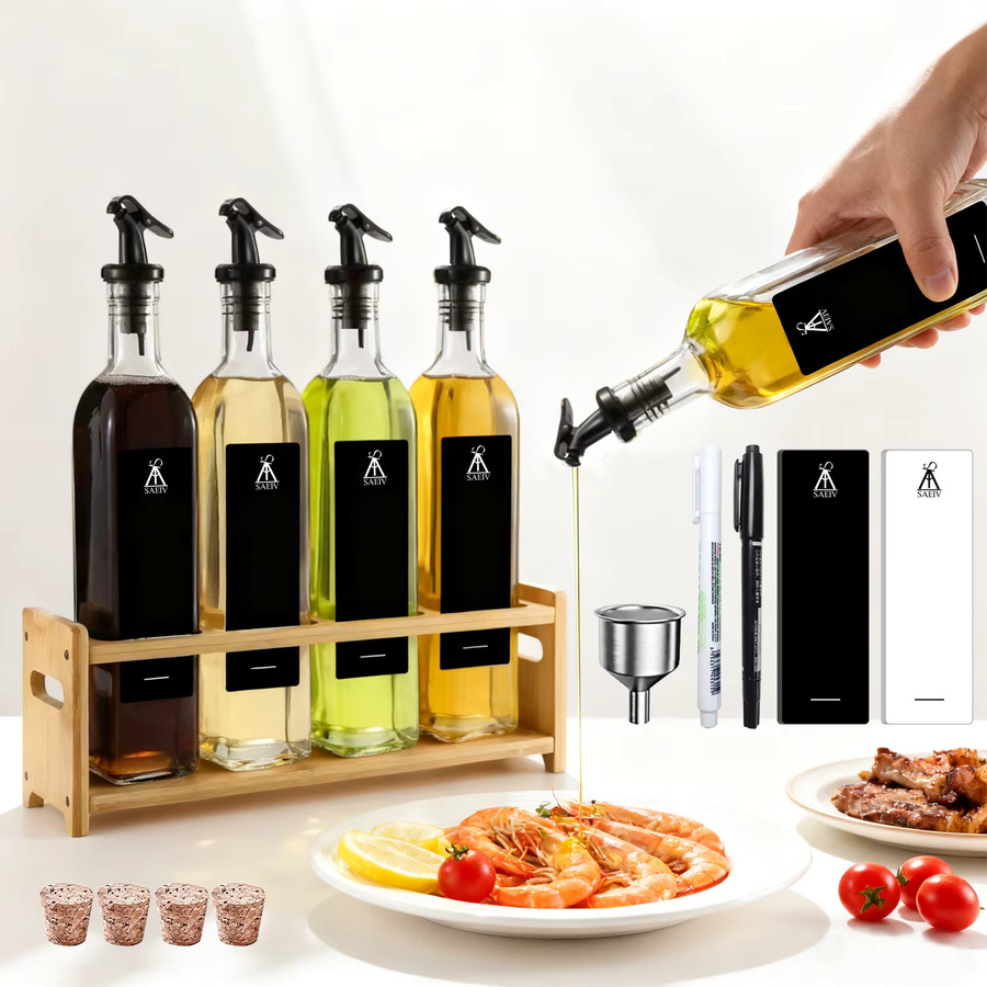 SAEIV 4er-Set Glasölflaschen mit Bambusständer und Edelstahl-Ausgießern, 500 ml pro Flasche, transparent, Set aus Olivenöl- und Essigspendern mit Metalltrichter und Korkstopfen - Bild 2