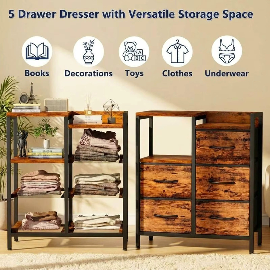 HiMISS Mobiler 5-Schubladen-Schrank mit offenem Ablagefach und Rollen, Büro-Organizer in Weiß und Braun im Industrial-Design - Bild 3