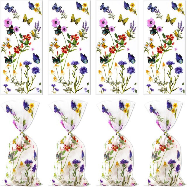 50 Stück Cyuan Wildblumen-Zellophanbeutel mit Schmetterlingsmuster und Bindebändern, transparente Kunststoffbeutel für Süßigkeiten und Geburtstagszubehör - Bild 1