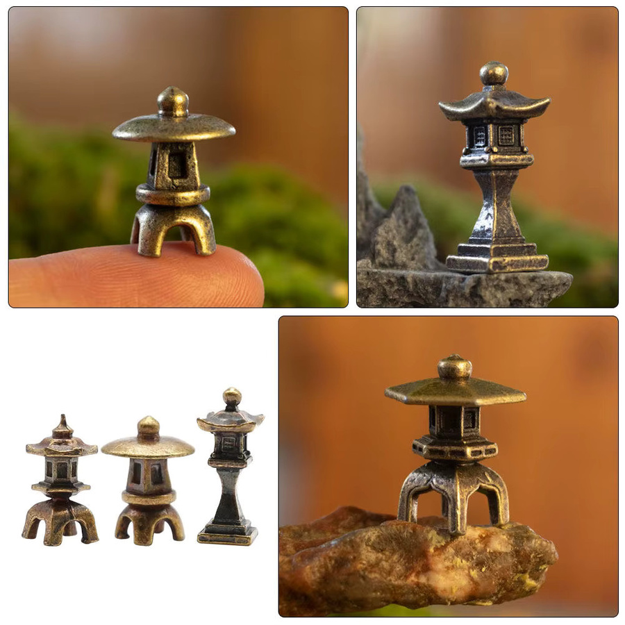 3-teiliges Mini-Pagoden-Laternen-Set von WINOMO aus Metall in Gold als orientalische Gartendekoration für drinnen und draußen sowie als Desktop-Ornamente und Mikro-Landschaftszubehör - Bild 3