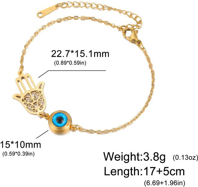 Armband Nazar Amulett Hamsa Fatima Hand, Edelstahl, Gold, Damen, 17-22cm - Bild 1