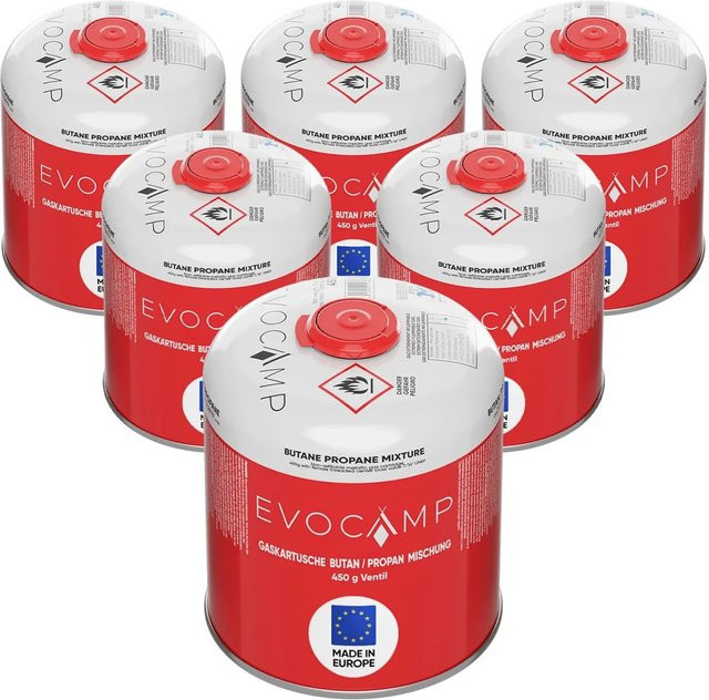Evocamp Propan Butan Gaskartuschen im 6er Set, 450g Schraubkartuschen mit Eurogewinde und Sicherheitsverschluss für Campingkocher - Bild 1
