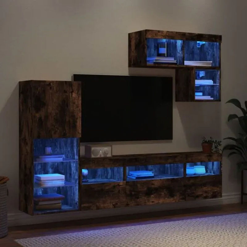 6-teilige moderne Wohnwand mit LED-Beleuchtung von Vidaxl in Räuchereiche, Braun und Grau aus Holzwerkstoff und Glas inklusive TV-Schrank - Bild 1