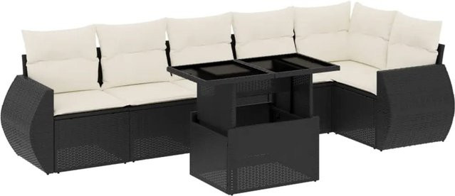 vidaXL 7-teilige Garten-Sofagarnitur in L-Form aus Poly-Rattan in Schwarz-Creme mit Kissen und Armlehnen - Bild 1