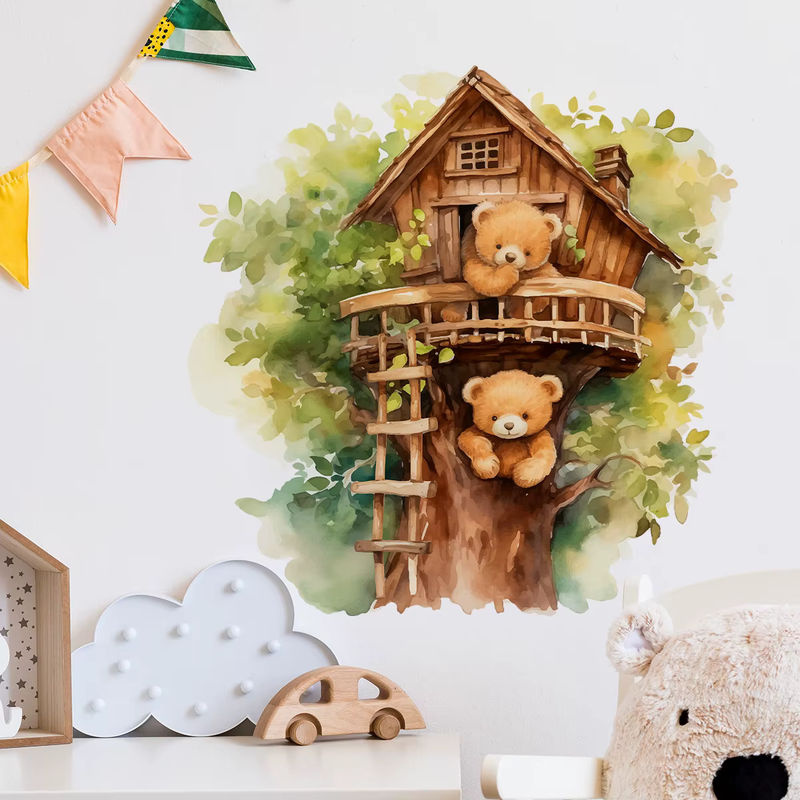 BRUP Wandtattoo Cartoon-Bär mit Baumhaus Motiv in Mehrfarbig für Kinderzimmer und Wohnzimmer - Bild 2