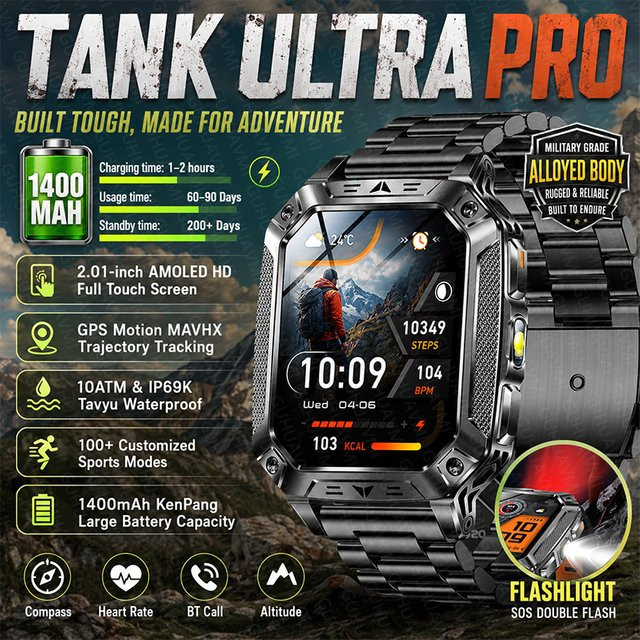 GUHUAVMI Militär-Tank Ultra PRO Sport-Smartwatch für Herren in Schwarz mit GPS, Bluetooth-Anruf, Taschenlampe und 10ATM Wasserdichtigkeit sowie 1400mAh Akku - Bild 1