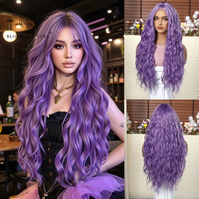 Blonde Unicorn Perücke, lila, lange lockige gewellte Haare, Damen - Bild 1