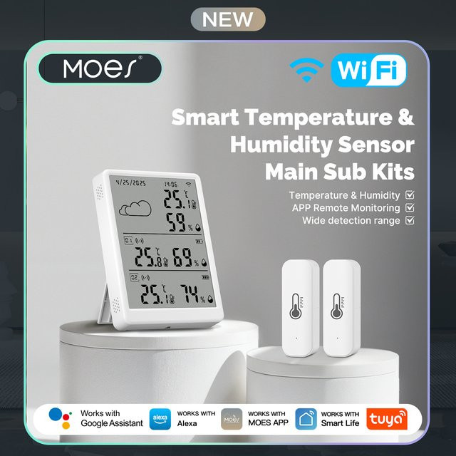 MOES WiFi-Feuchtigkeitstemperatursensor mit LED-Anzeige in Weiß, Tuya Smart App-Steuerung, kompatibel mit Alexa und Google Home, kein Hub erforderlich - Bild 1