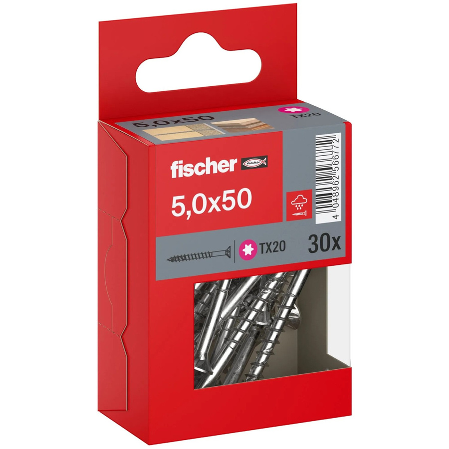 Fischer PowerFast II A2 Senkkopf TX Teilgewinde Schraube aus Edelstahl in Silber, Durchmesser: 5 mm, Länge: 50 mm, 30 Stück - Bild 2