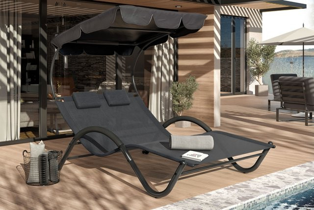 OUTFLEXX Doppelliege in Anthrazit mit Sonnenverdeck und Rollen, Material: Polyester und pulverbeschichteter Stahl, B/T/H: 205 x 138 x 34 cm - Bild 1