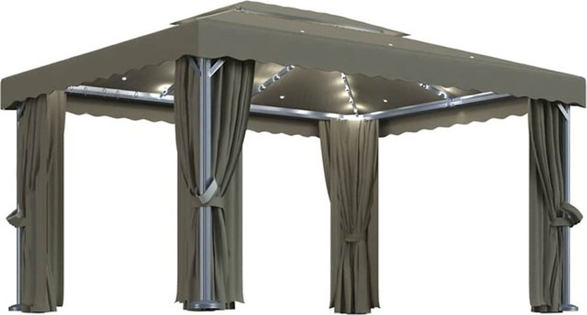 Vidaxl Pavillon mit Vorhängen und LED-Lichterkette in Taupe Meliert aus Aluminium, Modern, B: 4 m, T: 3 m - Bild 1