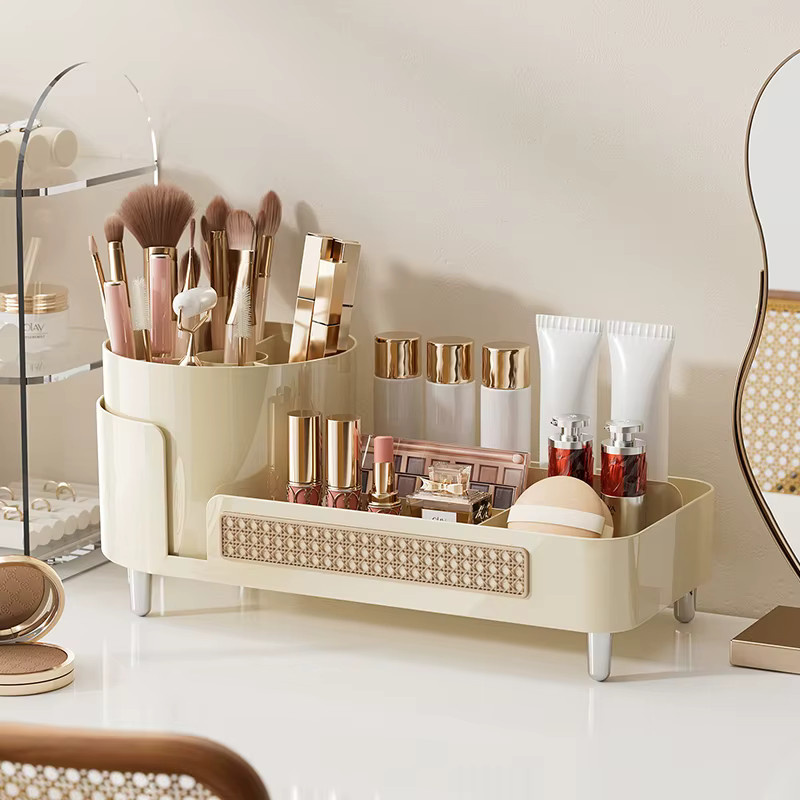 UFORU Kosmetik-Aufbewahrungsbox mit Drehfunktion für Schminktisch und Hautpflege in Weiß und Beige - Bild 2