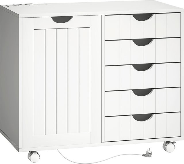 HOMCOM Druckertisch mit integrierter Ladestation und Rollen, Druckerständer mit 5 Schubladen, USB-Ports und verstellbarem Einlegeboden, Weiß - Bild 1