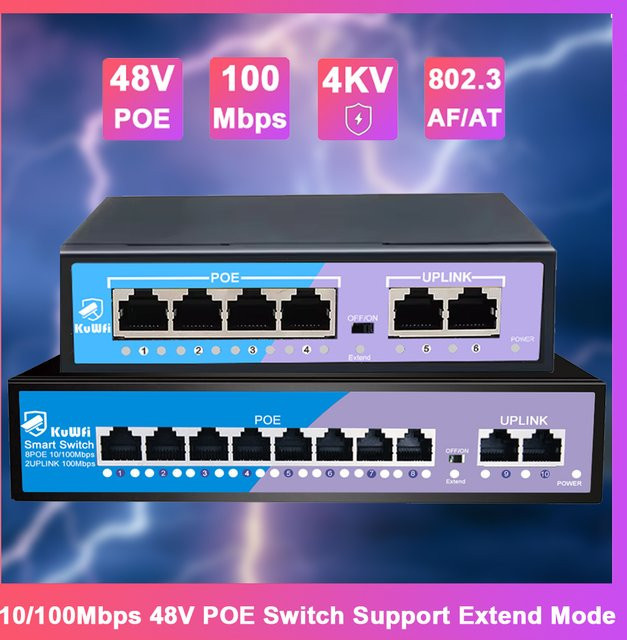 KuWFi POE Switch mit 8 Ports, 10/100 Mbit/s Ethernet, RJ45 Netzwerk-Switch in Schwarz für IP-Kamera, AP und CCTV mit bis zu 250 Meter Reichweite - Bild 1