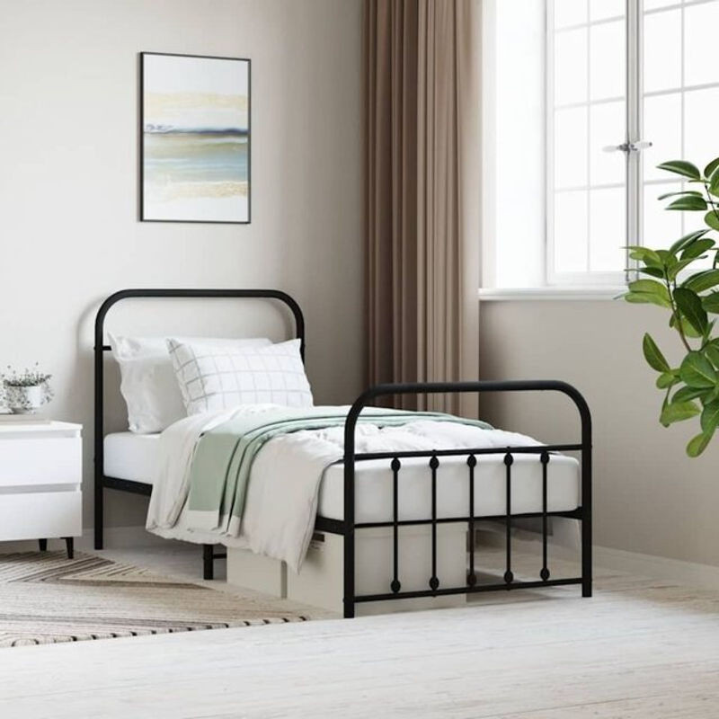 vidaxl Metallbett mit Kopf- und Fußteil in Schwarz, Modernes Bettgestell aus Stahl, B/T: 90 x 190 cm - Bild 1