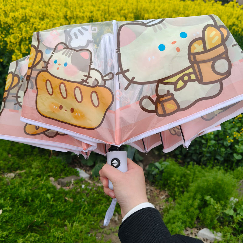 Faltbarer transparenter Regenschirm mit Katzenfigur in Rosa, wind- und regenfest - Bild 3
