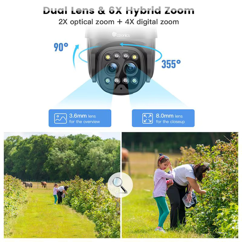Ctronics Wifi Überwachungskamera mit Dual-Objektiv, optischem Zoom und PTZ-Funktion, Farbe: Schwarz, mit Nachtsicht und Auto-Tracking für den Außenbereich - Bild 2