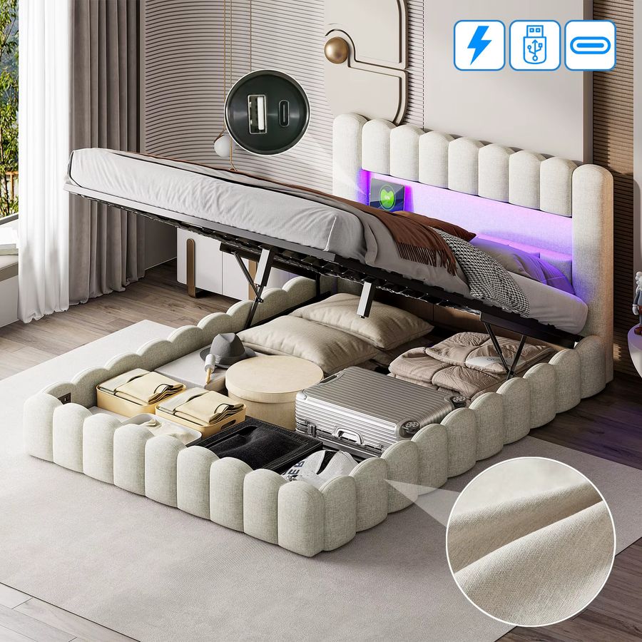 Rosahqnda Doppelbettgestell Polsterbett aus Leinen mit USB und LED in Beige und Grau, B/T/H: 180 x 200 cm - Bild 3