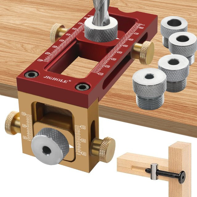 2-in-1 Verstellbares Schraubvorrichtungs-Set mit Dübel- und Senkbohrlehre sowie Bits in Rot - Bild 1