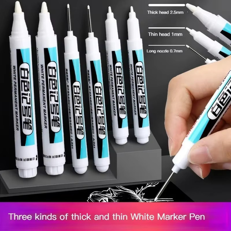 Permanente weiße Marker Stifte für Graffiti und Malerei auf Glas, Reifen oder Notebook, wasserfeste Gelstifte in 0,7mm, 1mm und 2,5mm - Bild 2