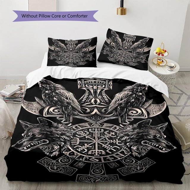 Bettwäsche Set mit Wikinger Symbol Muster von Dear YuZong in Grau und Schwarz, bestehend aus 1 Bettbezug und 2 Kissenbezügen, B/H: 135 x 200 cm - Bild 1