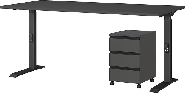 KADIMA DESIGN Büromöbel Set 2-teilig bestehend aus höhenverstellbarem Schreibtisch und Rollcontainer in Graphit Matt, B/T: 160 x 80 cm, Höhe: 68-91 cm - Bild 1