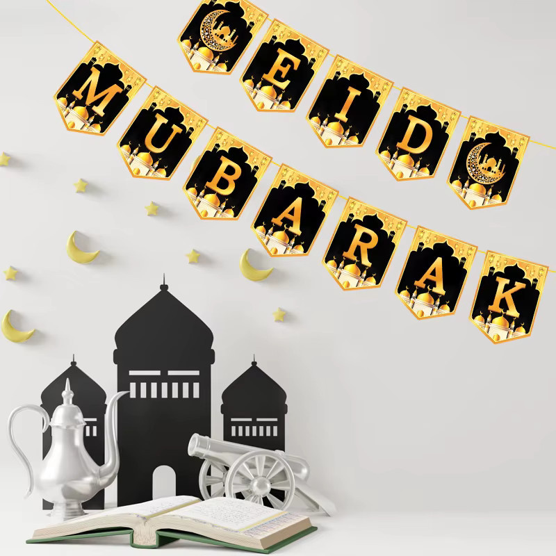 Ramadan Mubarak Banner Dekoration Goldene Wimpelkette aus Papier für Eid Al Fitr und Islamische Feierlichkeiten von ZQCXLD - Bild 3