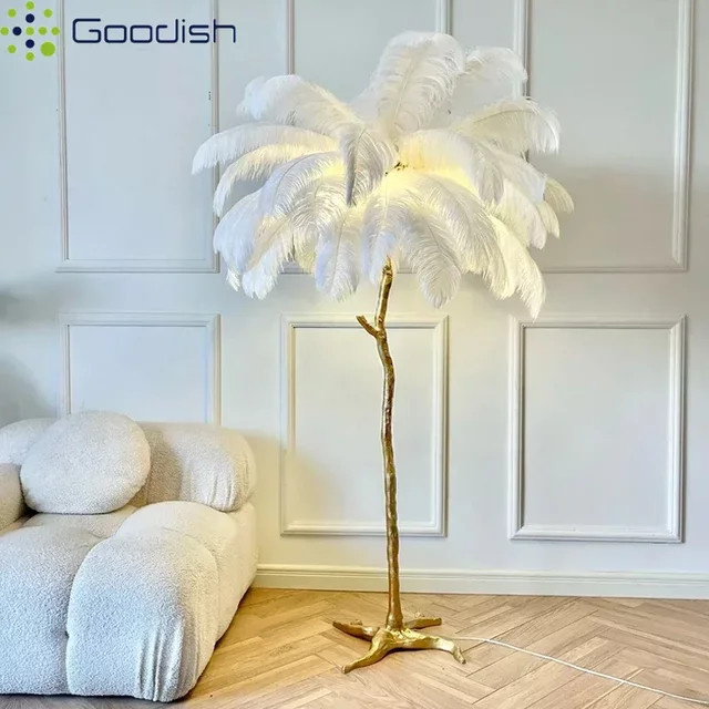 Moderne Wabi-Sabi LED-Stehlampe mit Straußenfedern in Weiß und Gold/Messing für dein Wohnzimmer - Bild 1