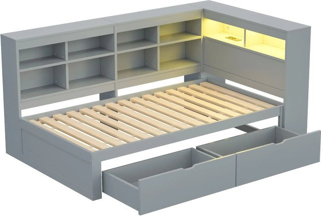 Merax Holzbett aus Kiefer mit LED-Beleuchtung, USB-Anschluss und Stauraum durch Schubladen, Grau, B/T/H: 90 x 200 x 66 cm - Bild 1