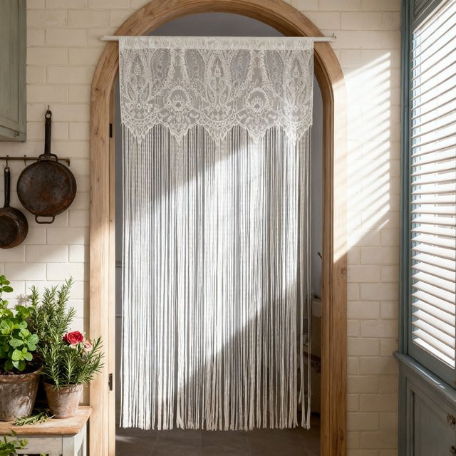 Französischer Vintage-Türvorhang mit Spitze und Quasten in Transparent, Shabby Chic Design mit floralem Muster - Bild 1