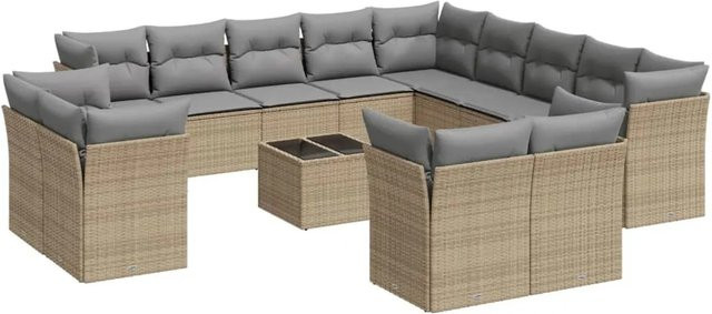 vidaXL 14-teilige Garten-Sofagarnitur aus Poly-Rattan in Beige mit Kissen und Stauraum - Bild 1