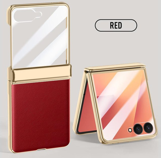 Stoßfeste Samsung Galaxy Z Flip7 Handyhülle aus PU-Leder mit galvanisiertem Federgelenk in Rot - Bild 1