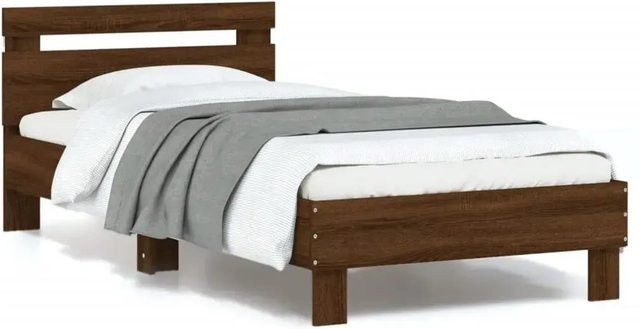 vidaXL Bettgestell mit Kopfteil in Eichen-Optik Braun mit LED-Unterbettbeleuchtung und USB-Ladeport, B/T/H: 90 x 190 x 70 cm - Bild 1