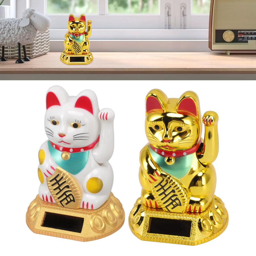 Qiilu Solar Winke-Katze Glückskatze Dekoration in Weiß und Gold für Home und Auto - Bild 2