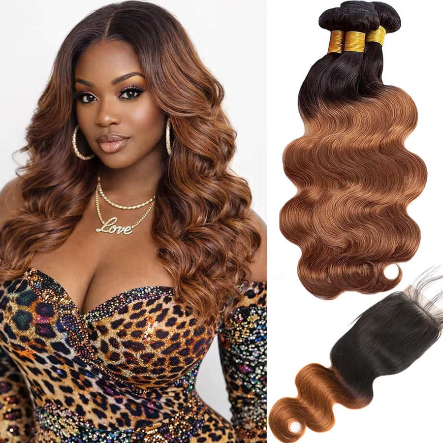Tendresse Remy Echthaar Body Wave Bundles mit HD Lace Closure, Ombre Bouncy Wave, 3/4 Bundles mit 4x4 Closure - Bild 3