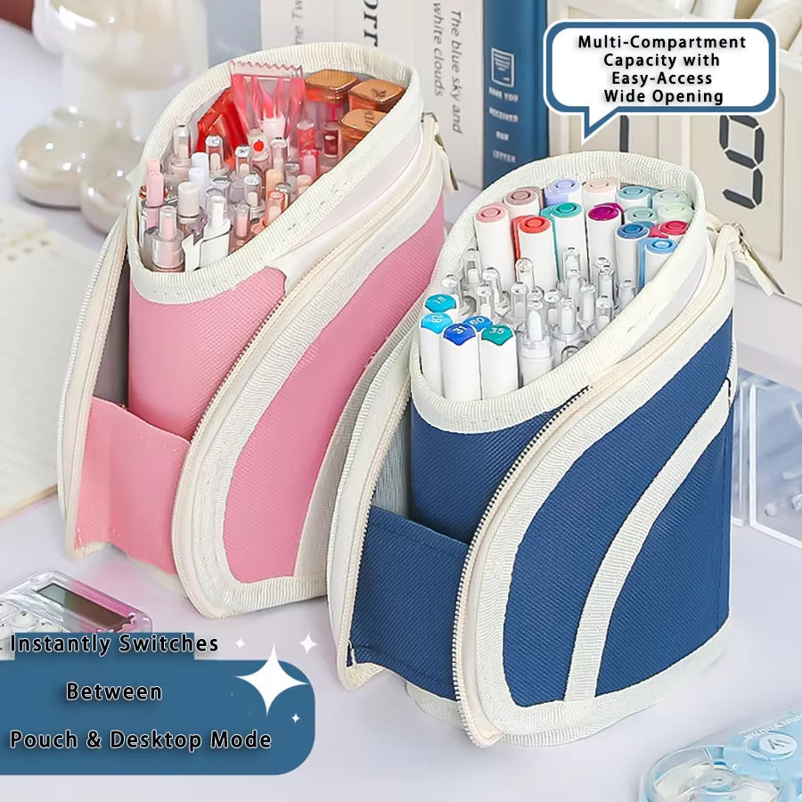 Multifunktionales Federmäppchen in Pink mit großer Kapazität, teleskopisch aufstellbares Stifteetui aus Textil und Kunststoff für Studenten und Schreibtisch-Organisation - Bild 2