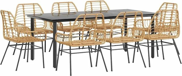 vidaXL 9-teiliges Garten-Esszimmerset aus Poly Rattan und Glas in Braun und Schwarz - Bild 1