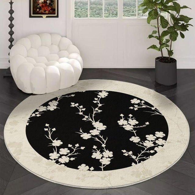 Runder Teppich CSQ Five in Schwarz-Weiß mit floralem geometrischem Kunstmuster, weich und rutschfest, Durchmesser: 120 cm - Bild 1