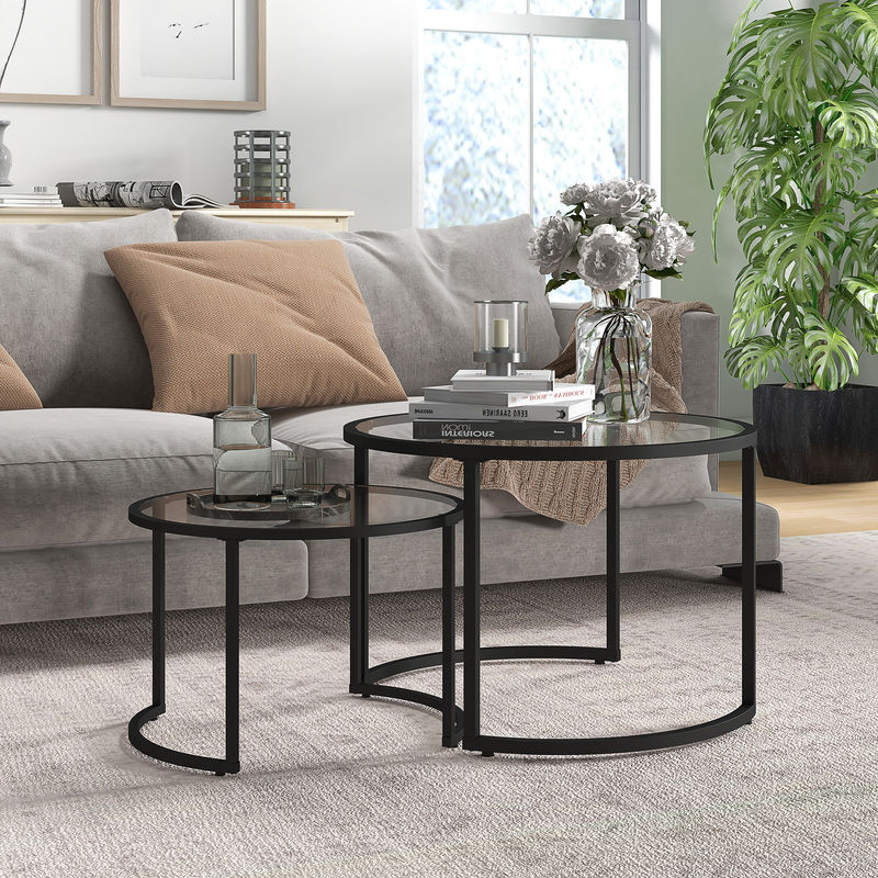 HOMCOM Couchtisch 2er-Set mit Hartglas-Tischplatte und schwarzem Stahlgestell, teilweise stapelbar - Bild 2