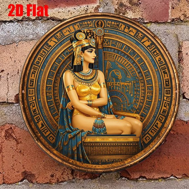 Vintage Metallschild Hello Young Ägyptische Königin Kleopatra Porträt Illustration Gold rund Durchmesser: 20 cm - Bild 1