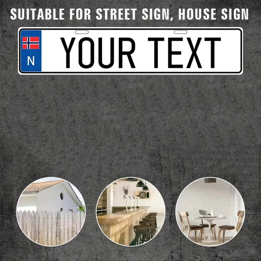 Personalisiertes norwegisches Aluminium-Nummernschild mit individuellem Text in Rot, Weiß und Blau als rustikale Wanddekoration - Bild 2