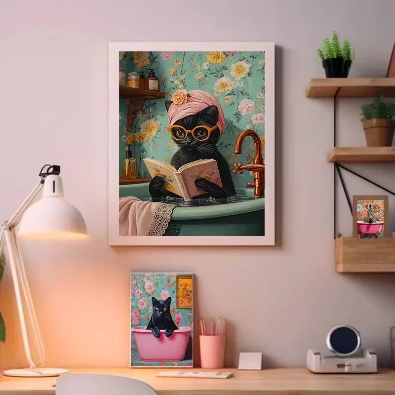 Minimalistisches Leinwandposter von Potdemiel mit Tier-Motiv Schwarz Katze und Gepard in der Badewanne in den Farben Schwarz, Rosa und Orange - Bild 2
