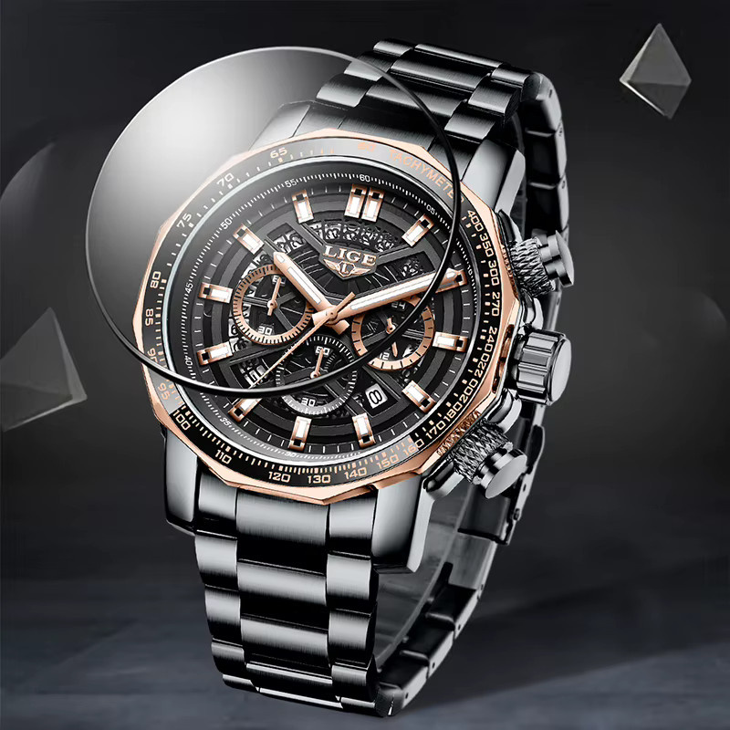 LIGE Armbanduhr Edelstahl, Quarz, Schwarz, Silber, Herren - Bild 6