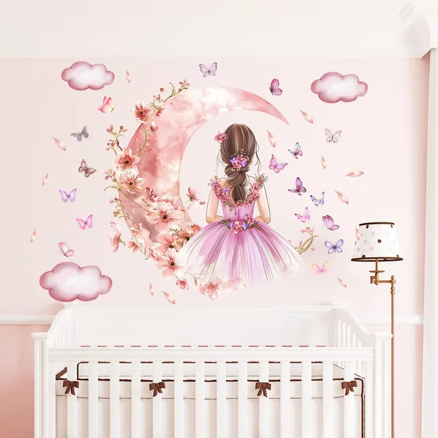 BRUP Wandtattoos Set mit Wolken, Mond und Schmetterlingen in Pink und Multicolour für Kinderzimmer und Wohnzimmer, 2 Stück - Bild 1