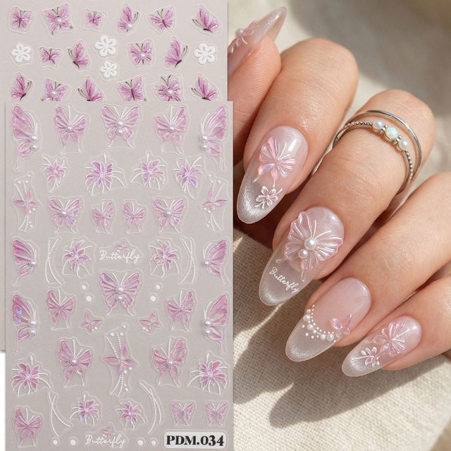 QIANJIKU Nagelaufkleber, Rosa, Schmetterling und Blumen - Bild 1
